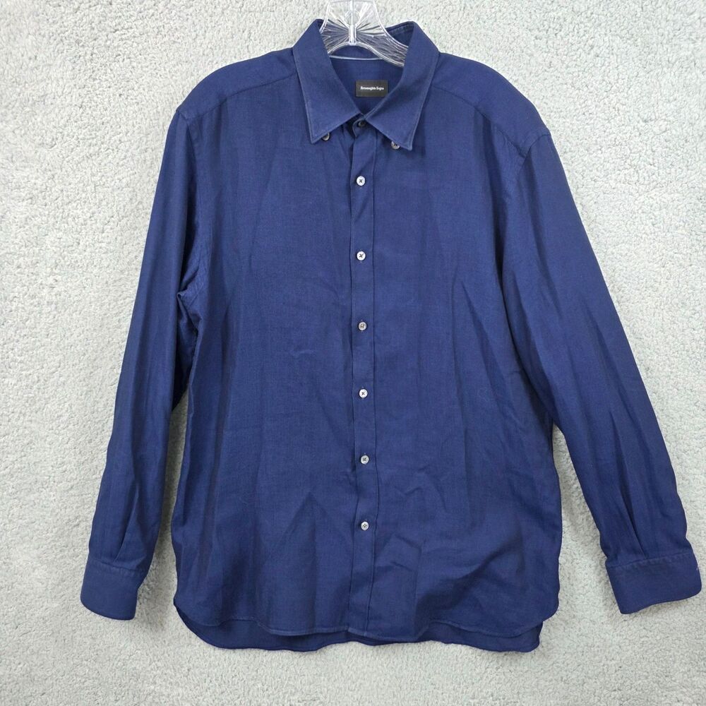 Ermenegildo Zegna Men's Button Down Solid Navy Blue Cotton Dress Shirt Size L